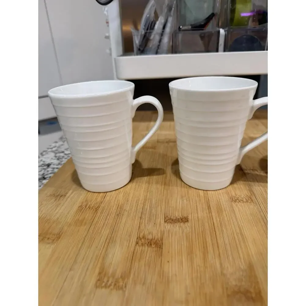 Set Of 4 Mikasa Swirl White Bone China Coffee Cup 4.5" Tall Mug Ribbed * - Picture 2 of 10